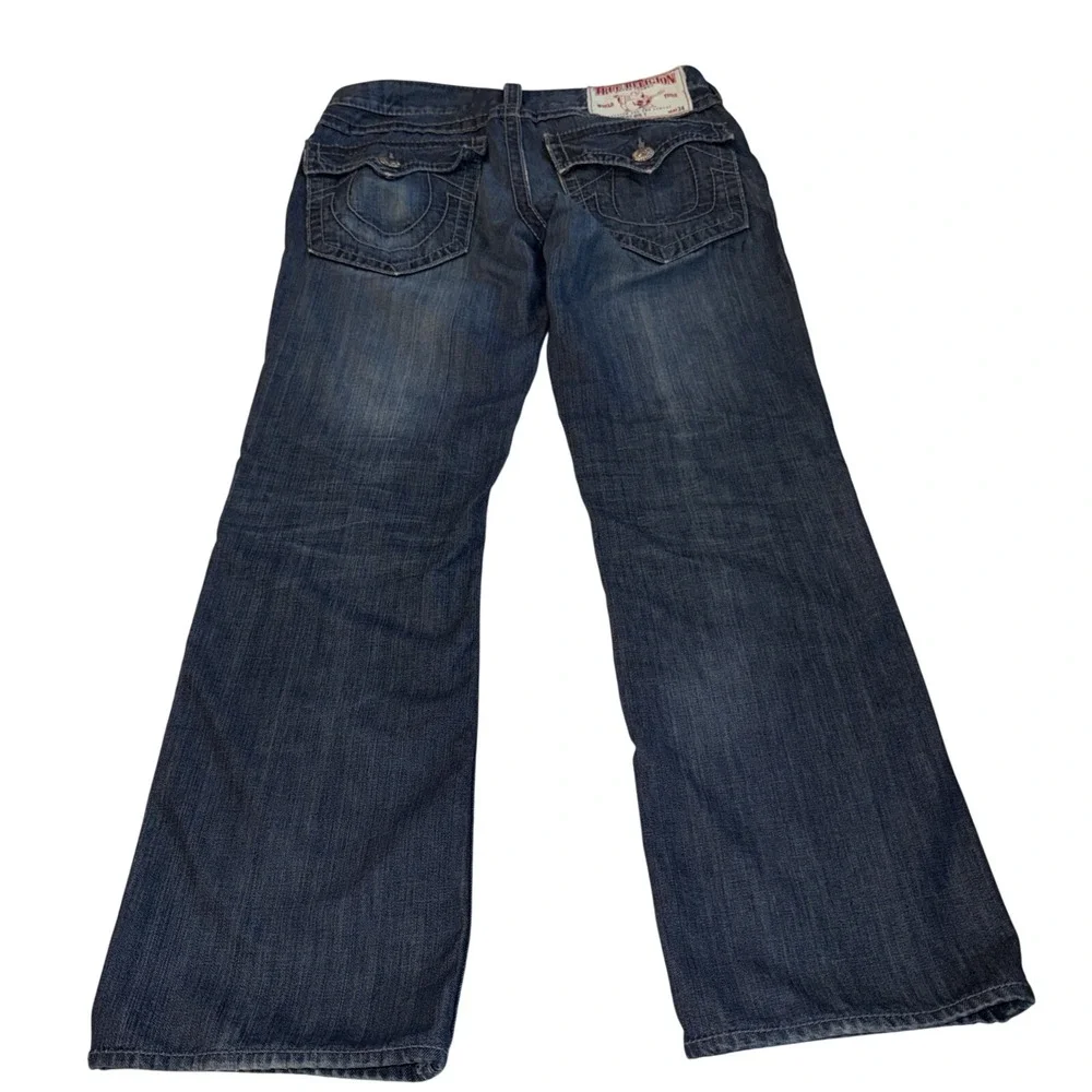 True Religion Mens Straight Leg Jeans Dark Wash Contrast Stitch Size 33 USA Made